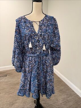 Cleobella Blue Paisley Tie-Neck Long Sleeve Boho Dress